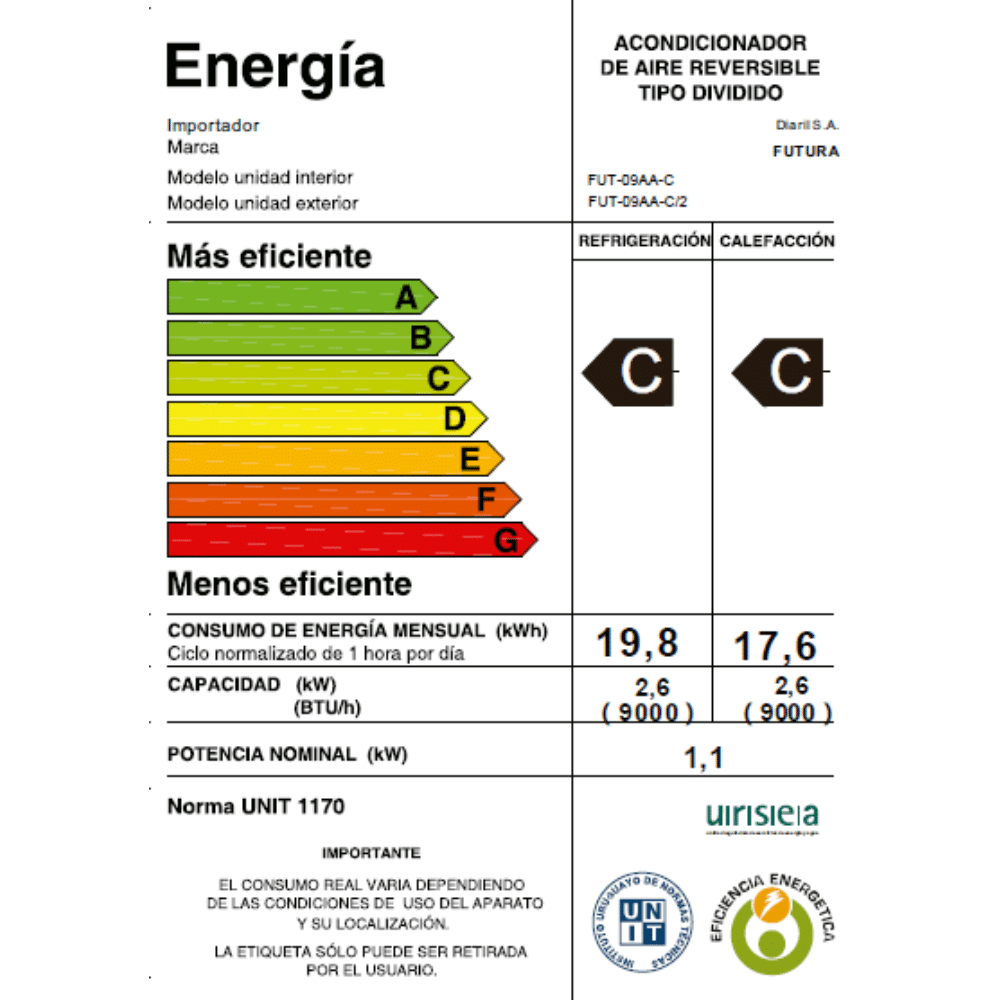 AIRE ACONDICIONADO FUTURA FUT-09AA-C 9000 BTU